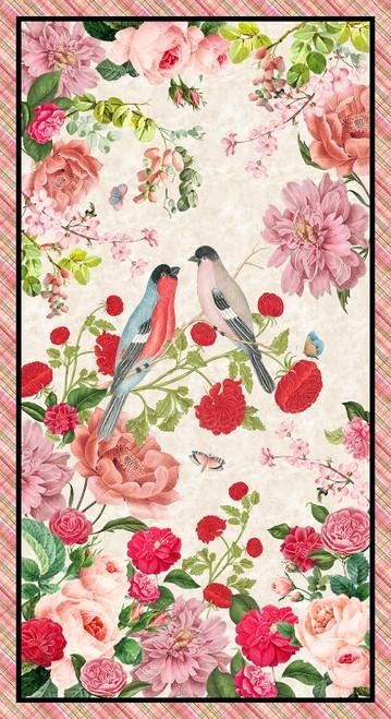 Romance ~ Blank Quilting ~ Love Bird Fabric Panel ~ 24" ~ Roses, Floral Fabric