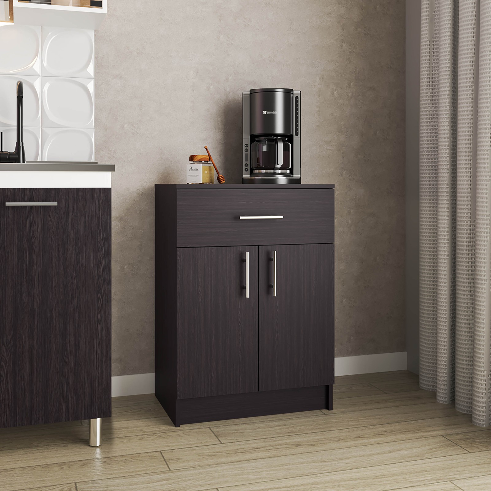 Pantry Organizer Cabinet 33" H, One Drawer, Two Interior Shelves, Two Doors