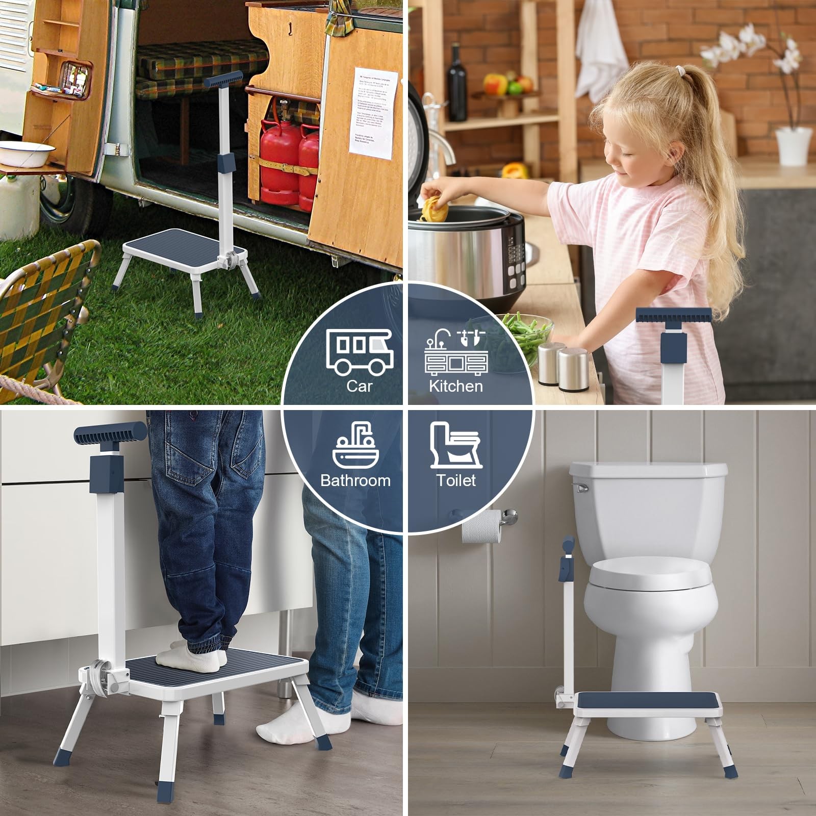 Folding Step Stool with Handle for Elderly Adults - Portable Metal Stepping