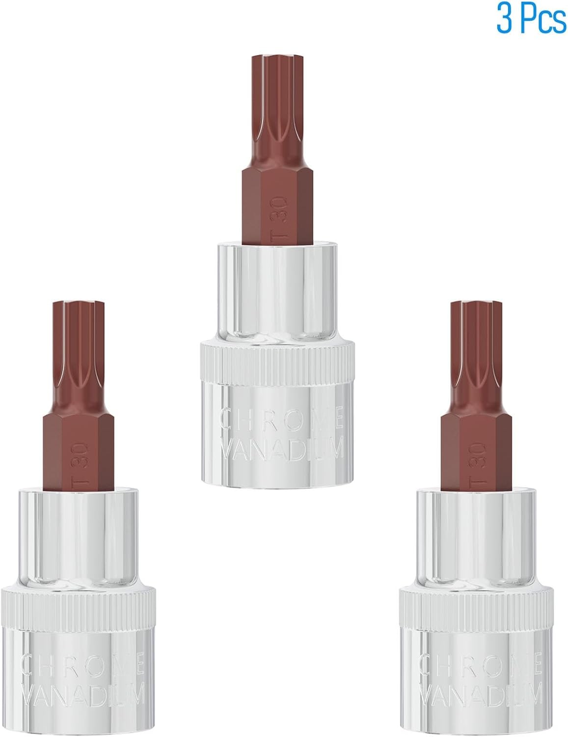 3PCS 3/8" Drive T30 Torx Bit Socket, S2 Steel Bits, T30, Silver, Dark Red