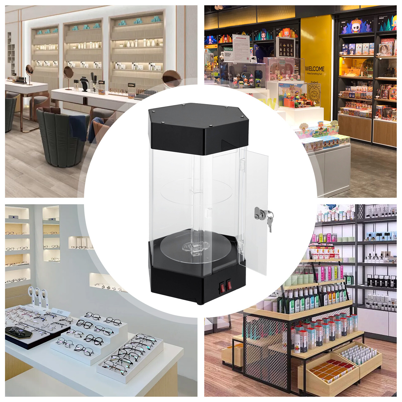 Electric Rotating Clear Display Case Hexagonal Display Case W/ 2 LED Lighting US