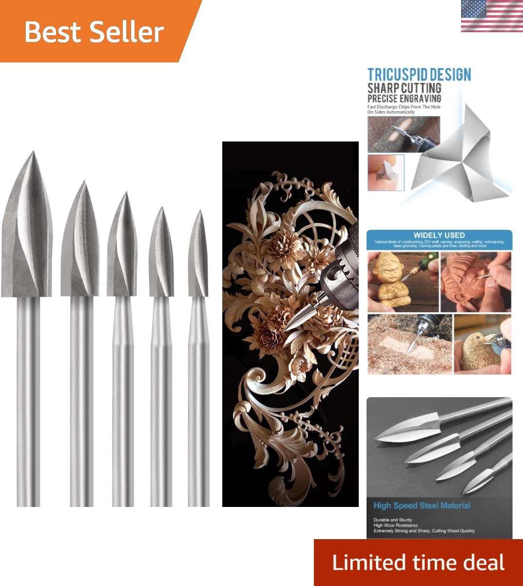 Essential 5 PCS HSS Rotary Wood Carving Drill Set - For DIY Artists & Crafters