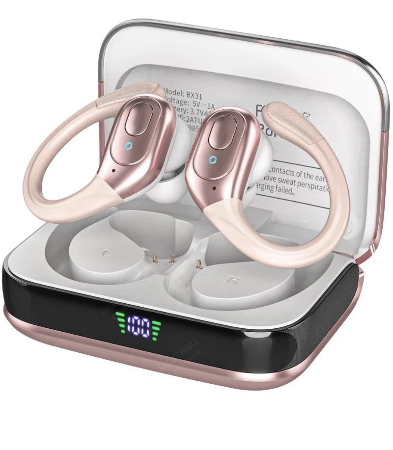 BX31 Bluetooth Ear-Hook In-Ear Wireless Earbuds w/ Mic, Noise Cancel, LED Case