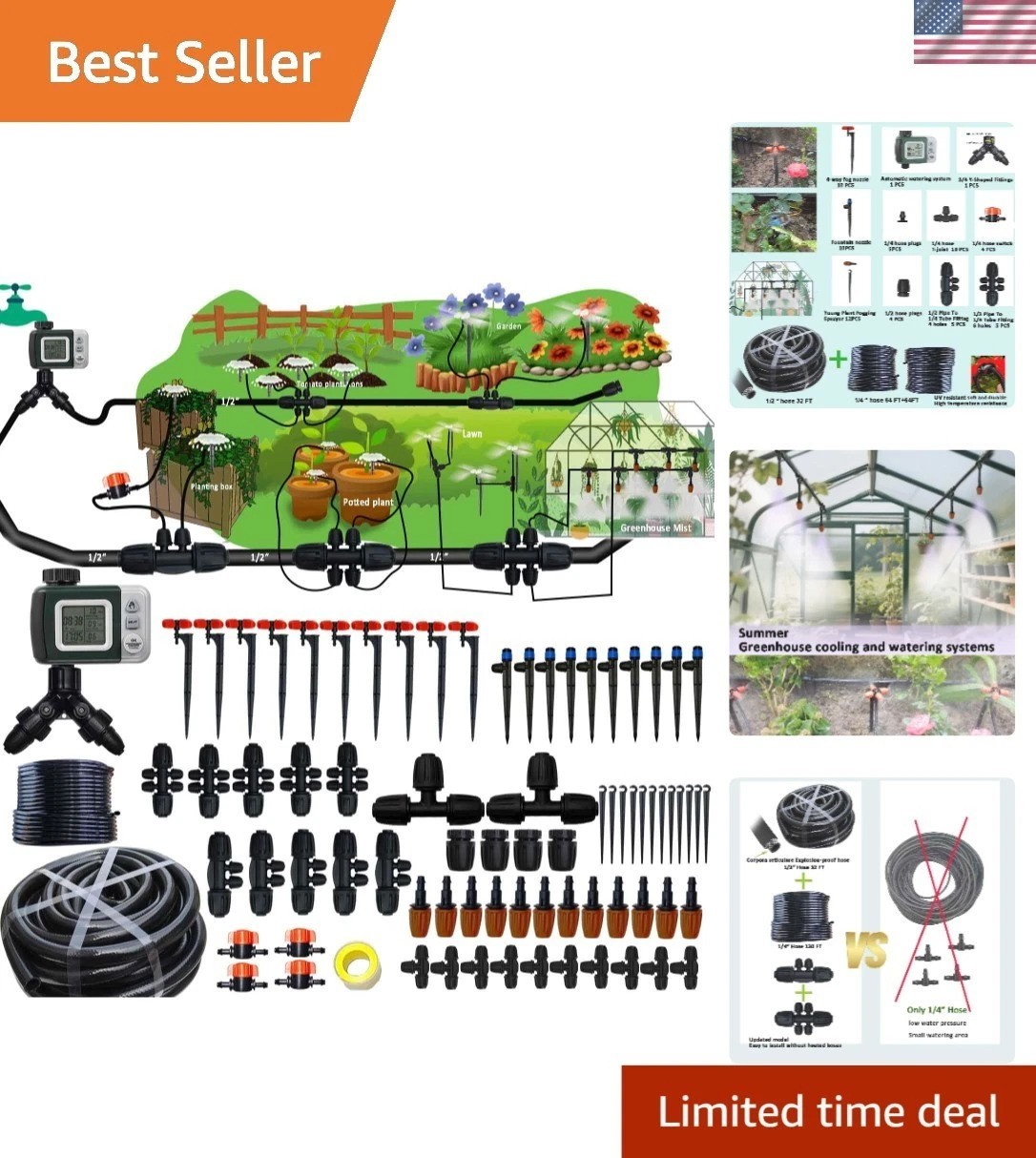 Complete Drip Irrigation System - 160Ft Hose with Automatic Water Timer Included