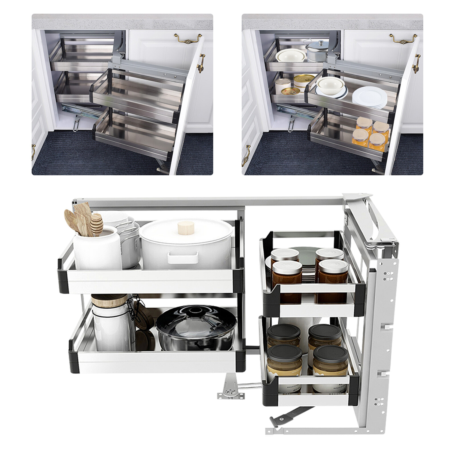 2 Tier Kitchen Blind Corner Basket Storage Organizer Soft Close Pull Out Cabinet