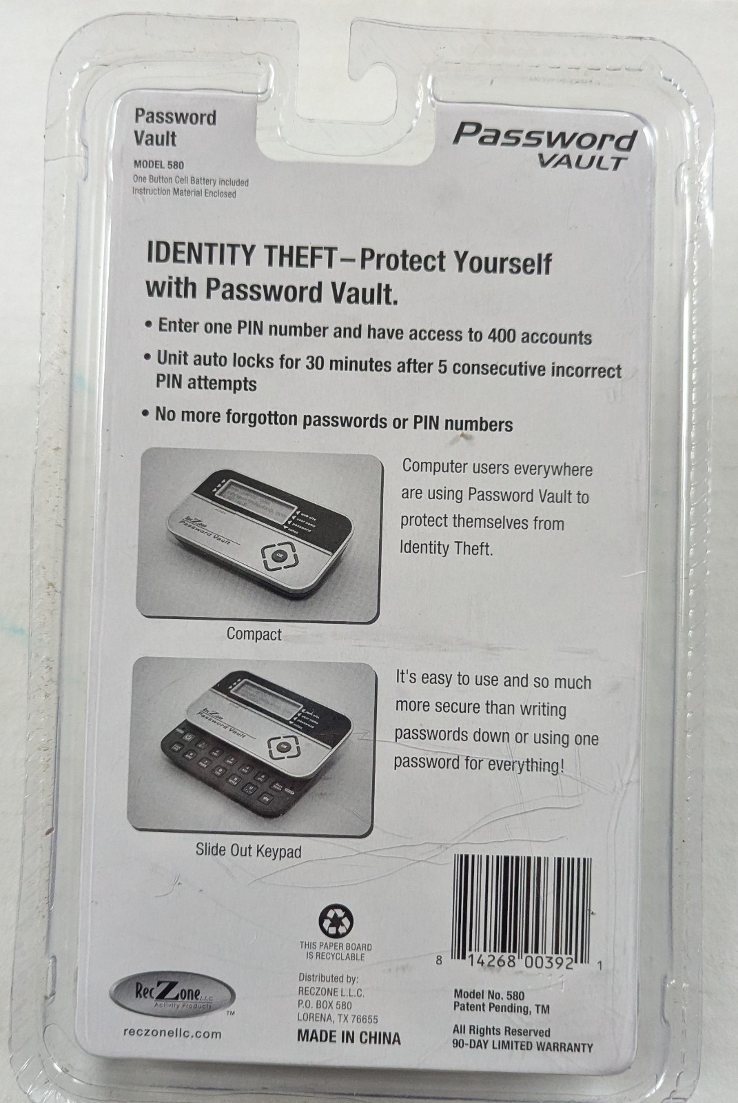Password Vault 580 Secure Electronic Password Storage RecZone New Sealed
