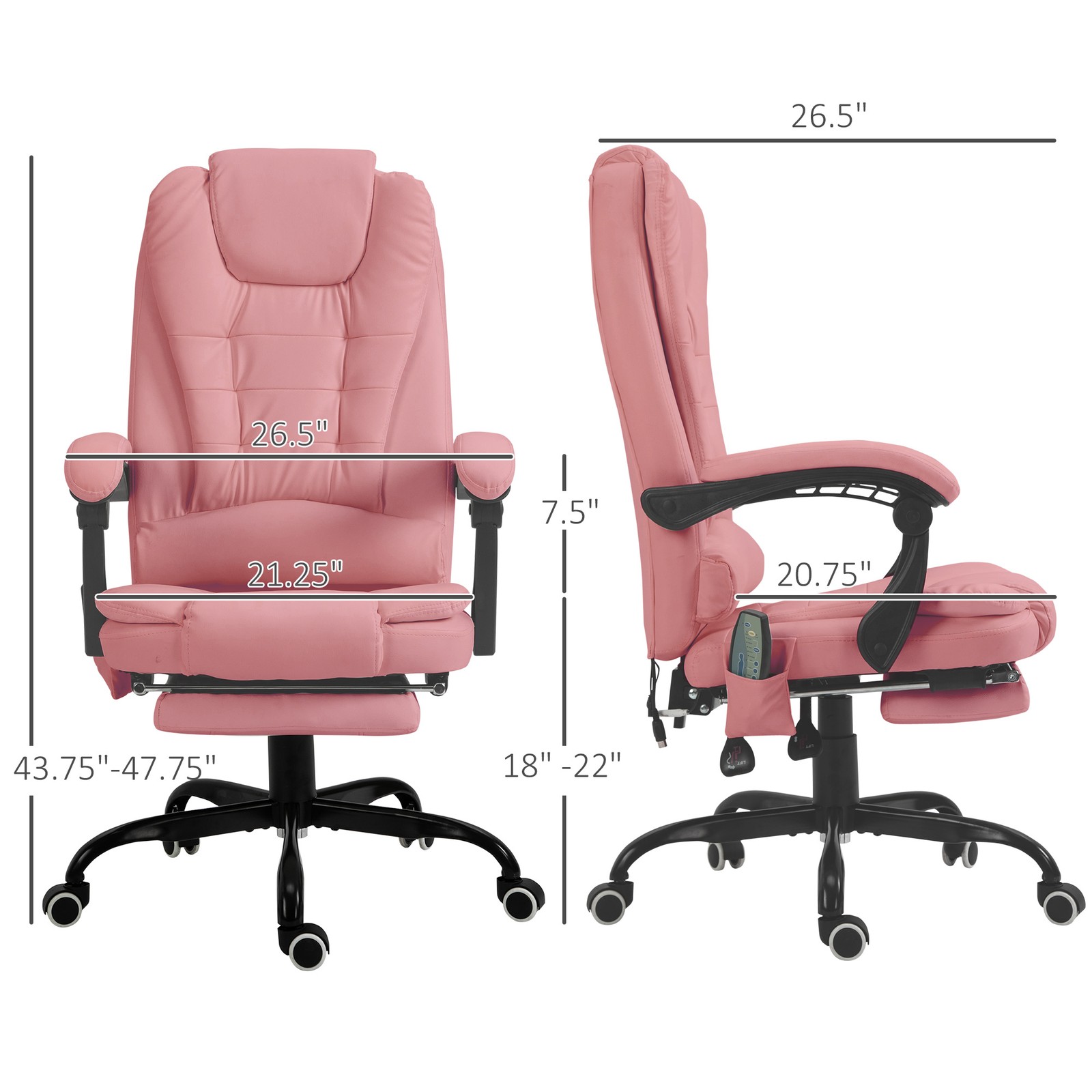 PU Leather Massage Computer Chair w/ Padded Seat and Adjustable Height, Pink