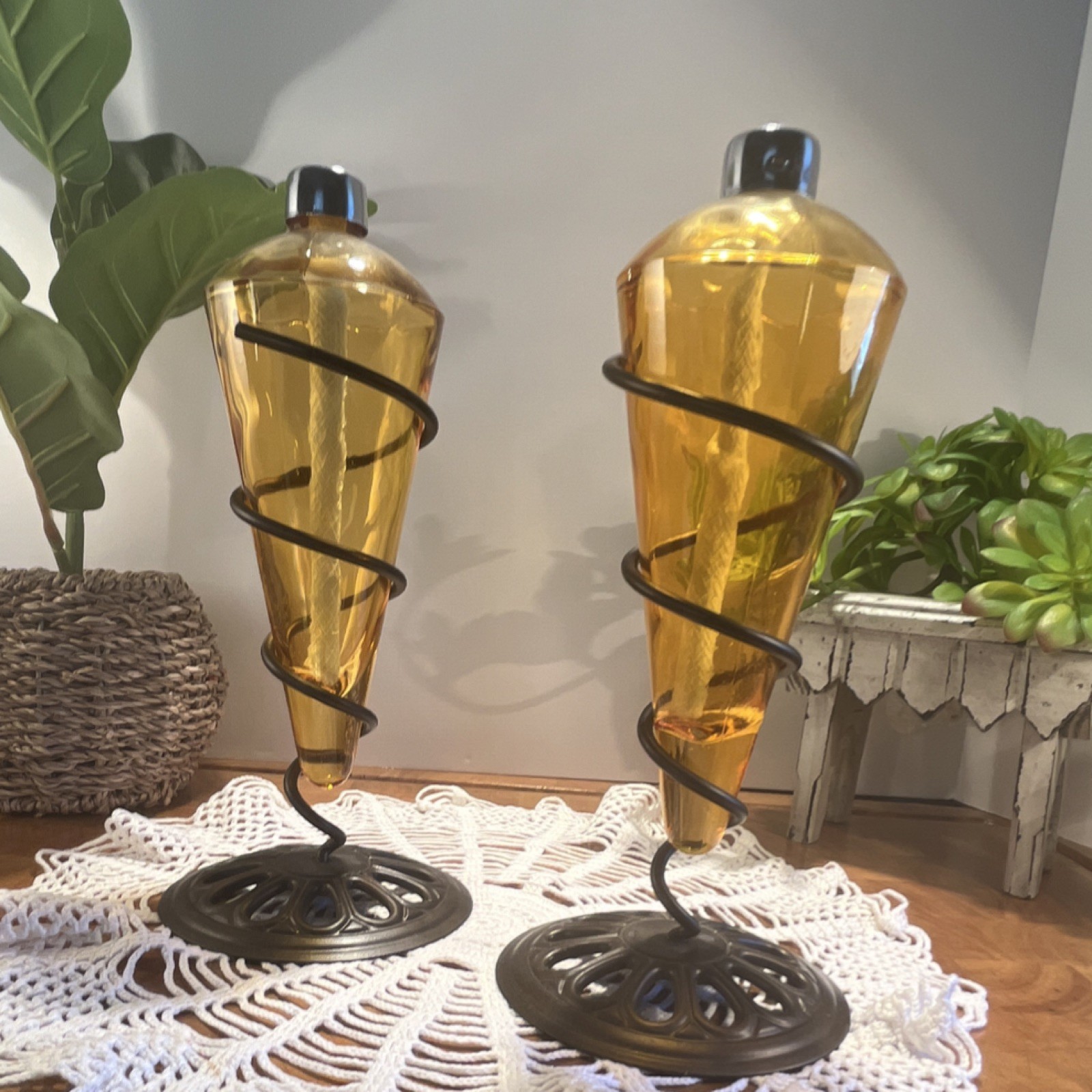 Amber Glass Metal Spiral Patio Torches Pair Contemporary Outdoor Garden Lighting