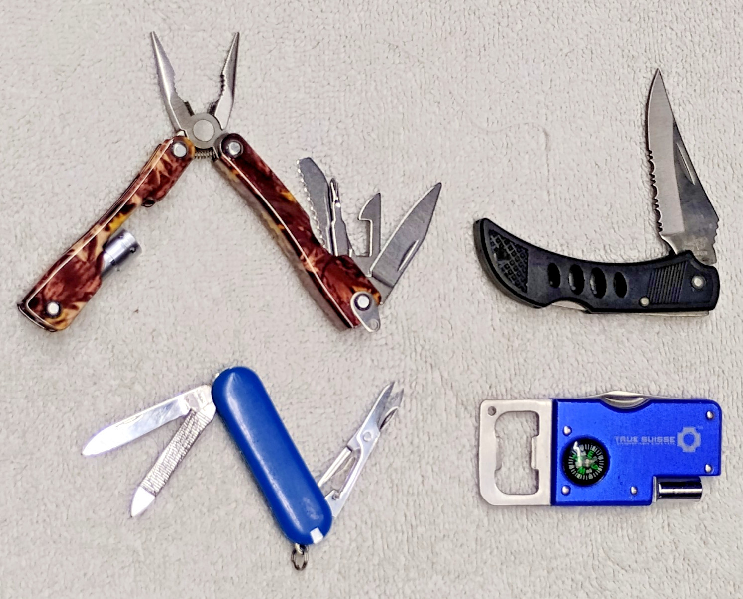 Lot 4 Pocket Knife Multi Tool Led Light Bottle Open TRUE SUISSE Keychain Compass