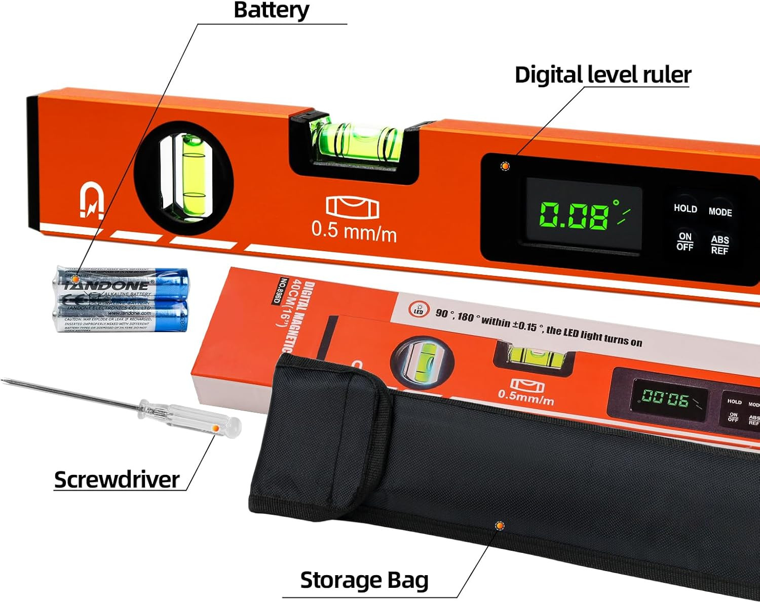 16Inch Digital Level LCD Display Bubble Light up Function Multi Purpose Magnetic