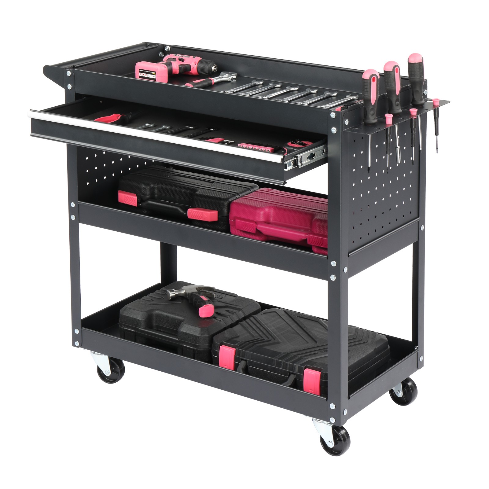 Rolling Tool Cart with Pegboard &  Drawer & 4 Hooks & Screwdriver & Wheels Black