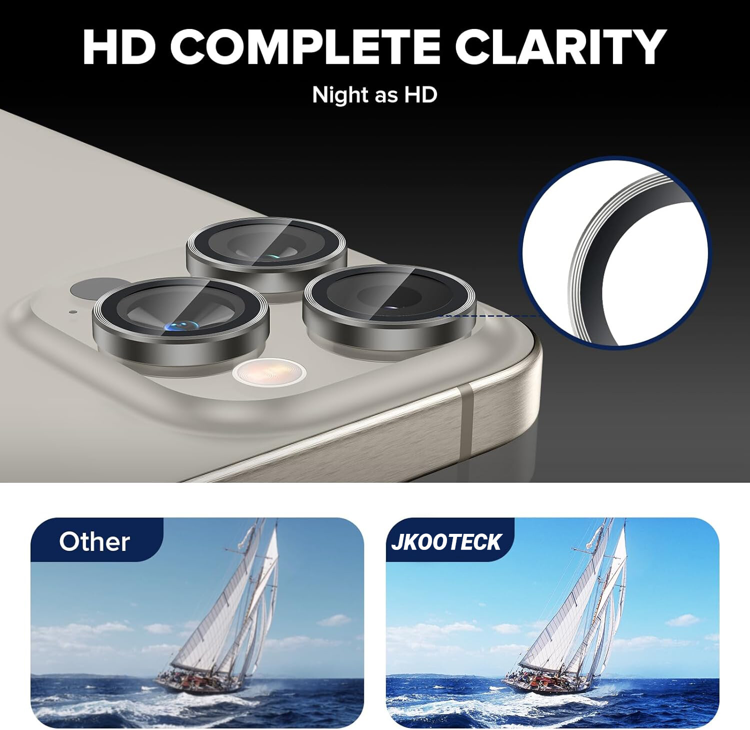 For iPhone 16 15 Pro Max Plus Metal Ring Tempered Glass HD Camera Lens Protector