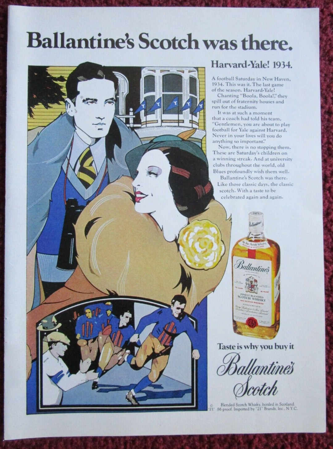 1974 BALLANTINE's Scotch Whisky Print Ad ~ HARVARD-YALE Game, Patrick Nagel ART