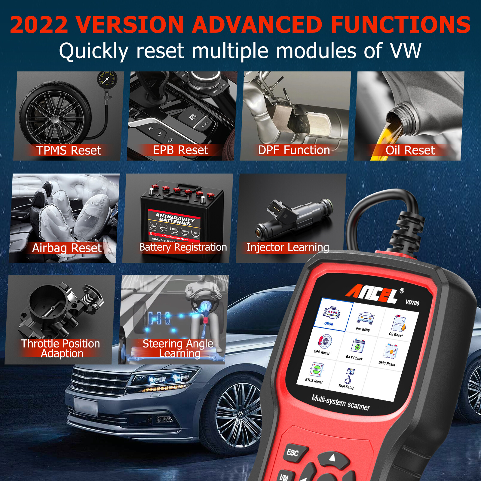 Ancel VD700 All System Diagnostic ABS SRS DPF Oil Car OBD2 Scanner Code Reader