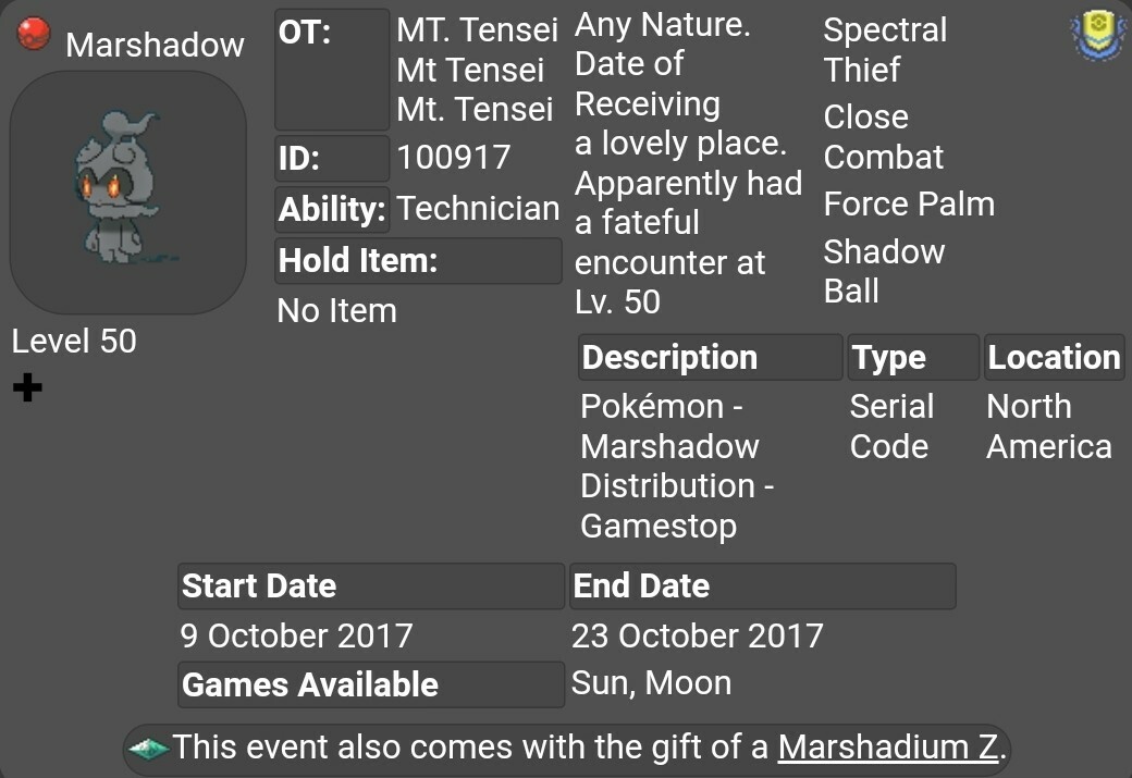 Marshadow Event For Pokemon Sword & Shield