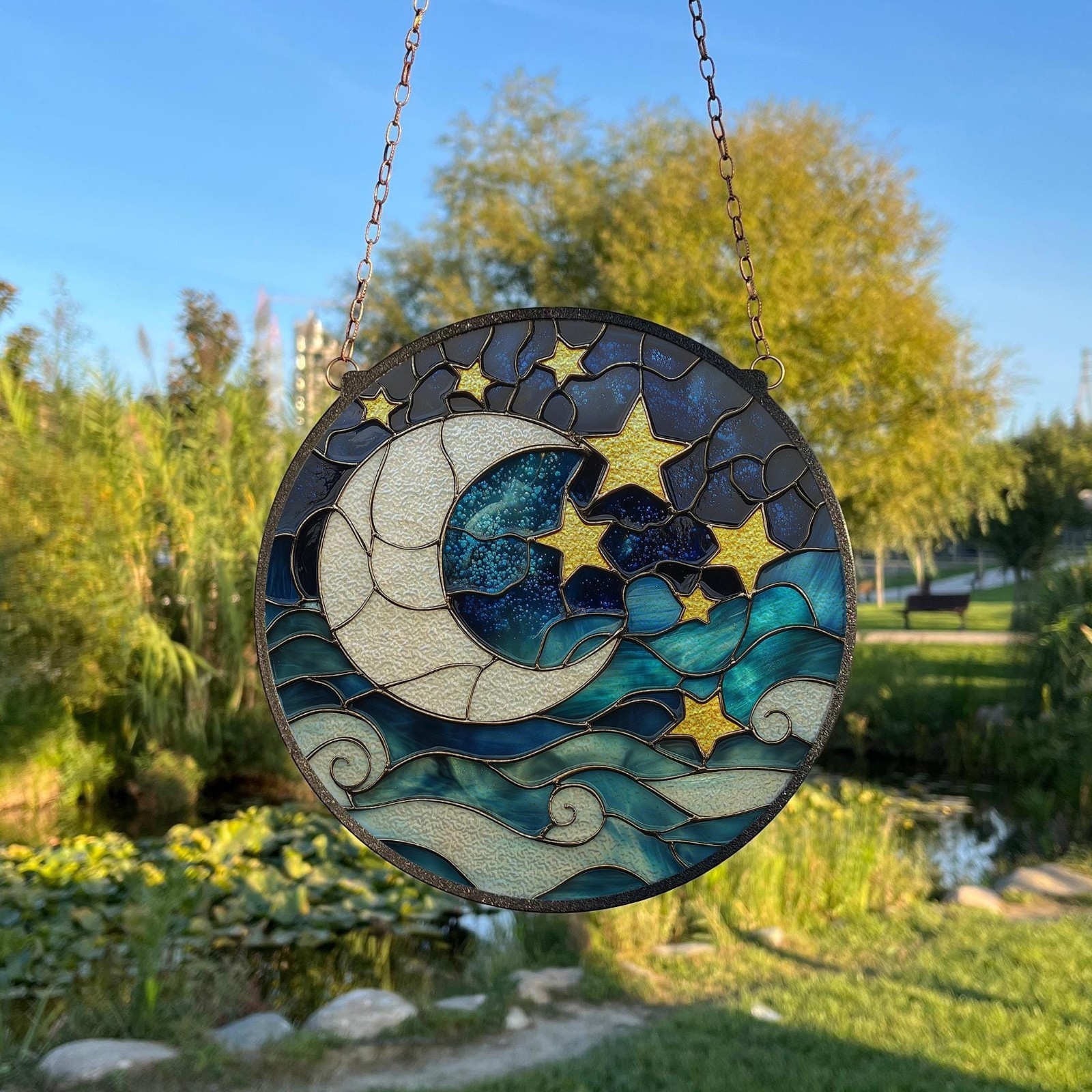 Moon and Stars Painted Stained Glass Suncatcher Nursery Window Decor