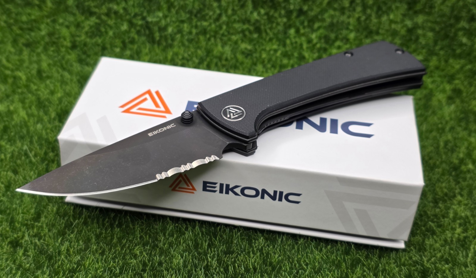 EIKONIC 100BBS RCK9 Serrated Flipper Knife 2.91" D2 Blade, Night Black G10