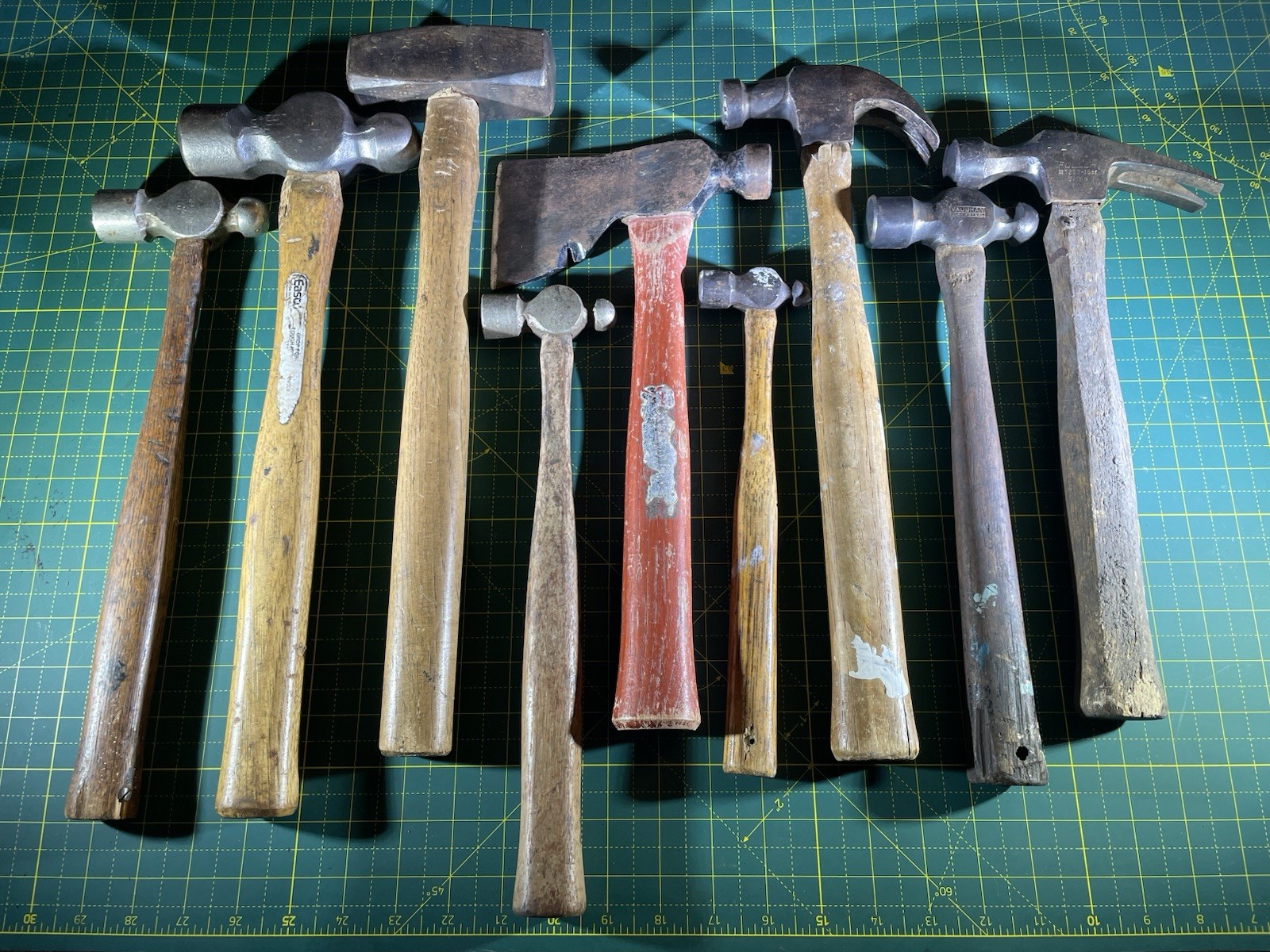 Lot Of 9 Vintage Hammers All With Markings Ball Peen, Claw, Blacksmith Carpenter