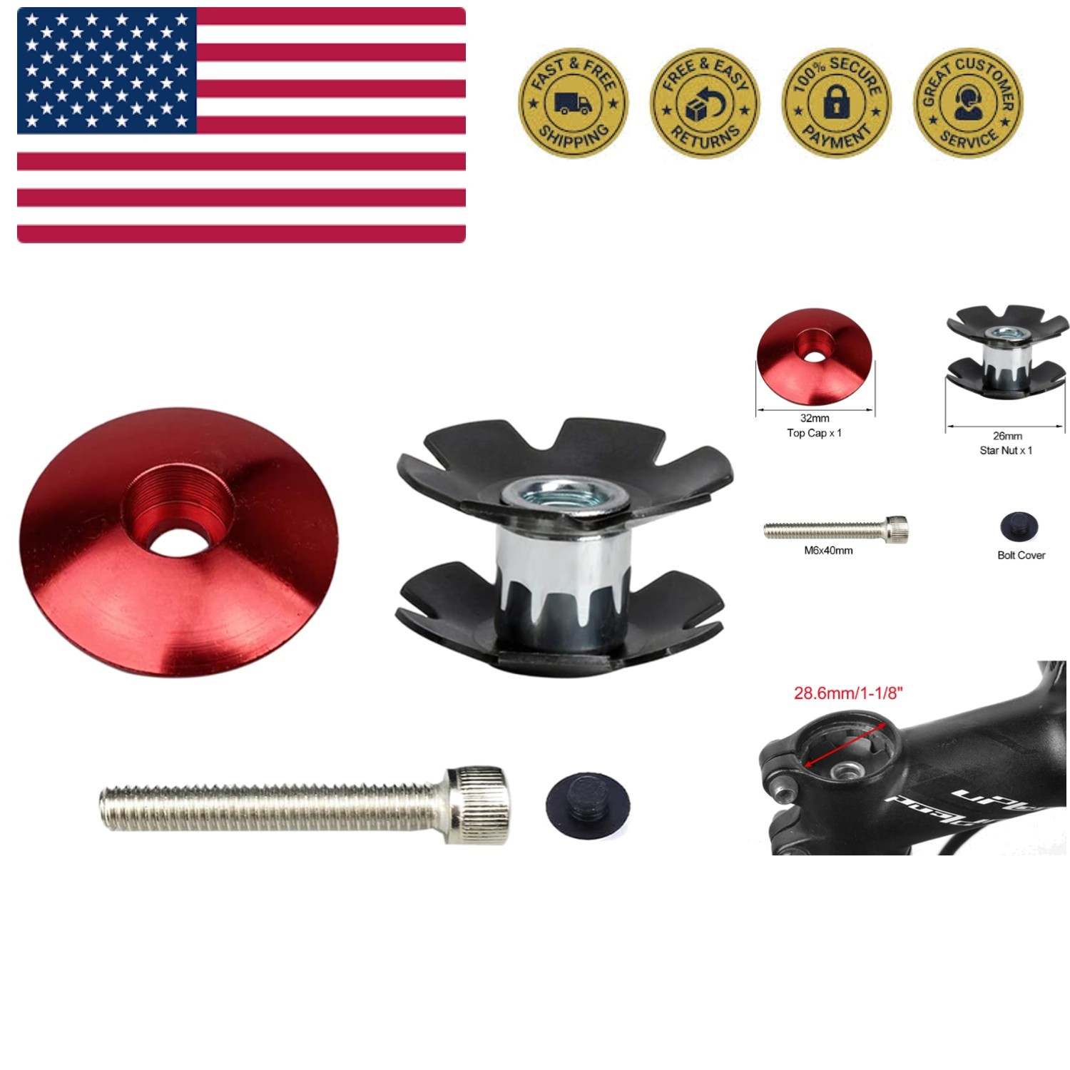 Bike Headset Top Cap Aluminum Alloy Headset Star Nut Stem Cap Fits 1-1/8" Ste...