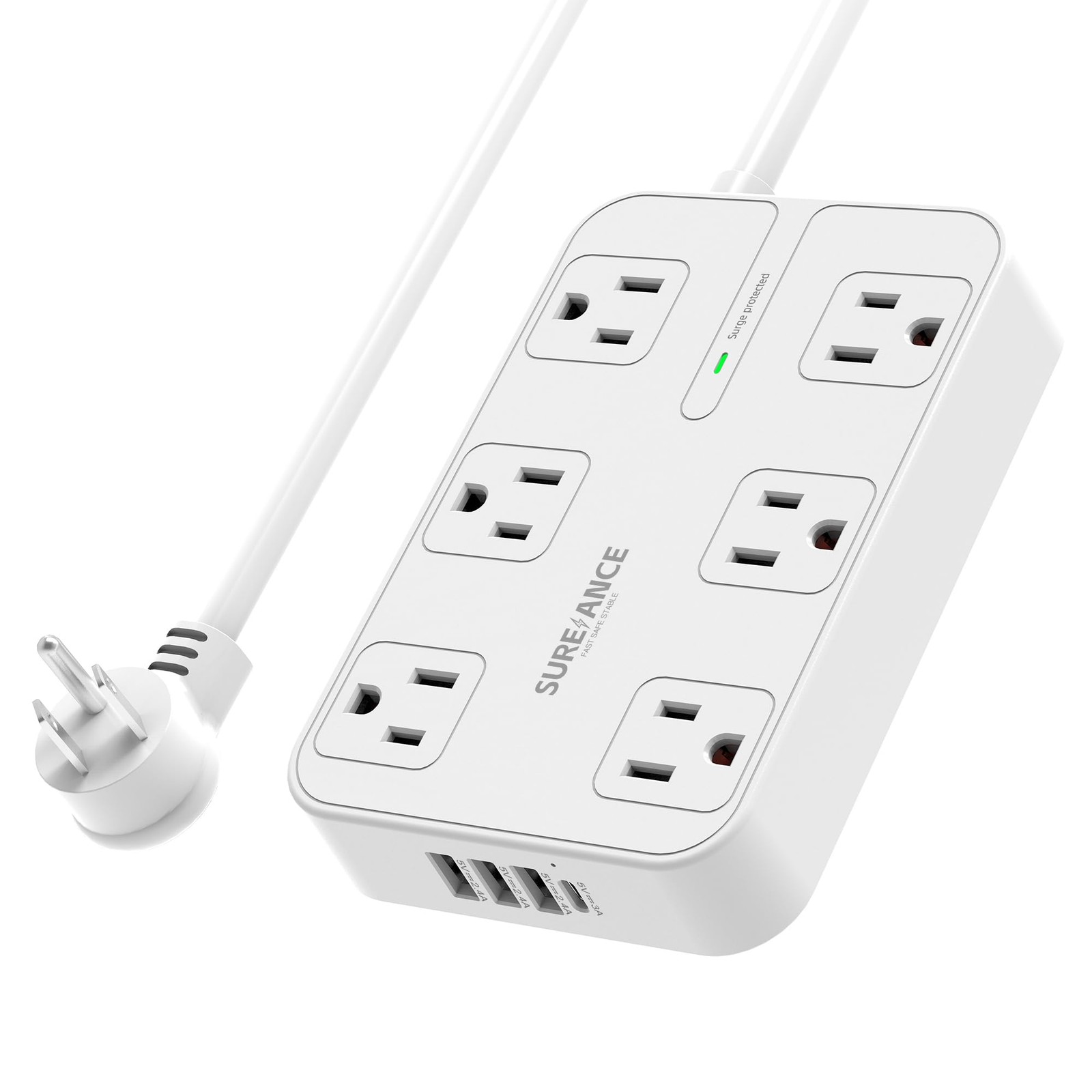 6-Outlet Power Strip with USB C - SUREANCE Surge Protector, 4 USB Ports, 1050J,