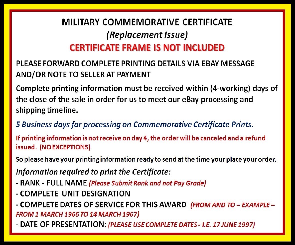ARMED FORCES SERVICE MEDAL COMMEMORATIVE CERTIFICATE ~ W/PRINTING TYPE-1