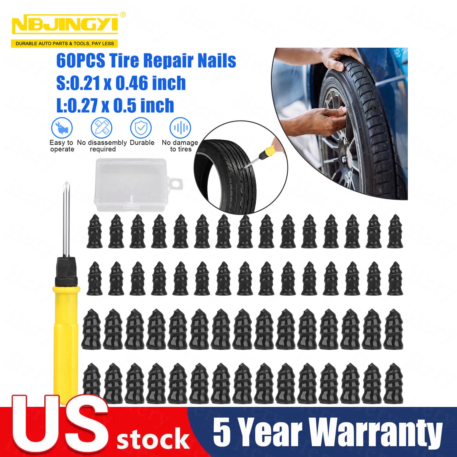 Rubber Tire nail Repair kit Screw in Tires Plugs Car SUV truck Van 60 PCS