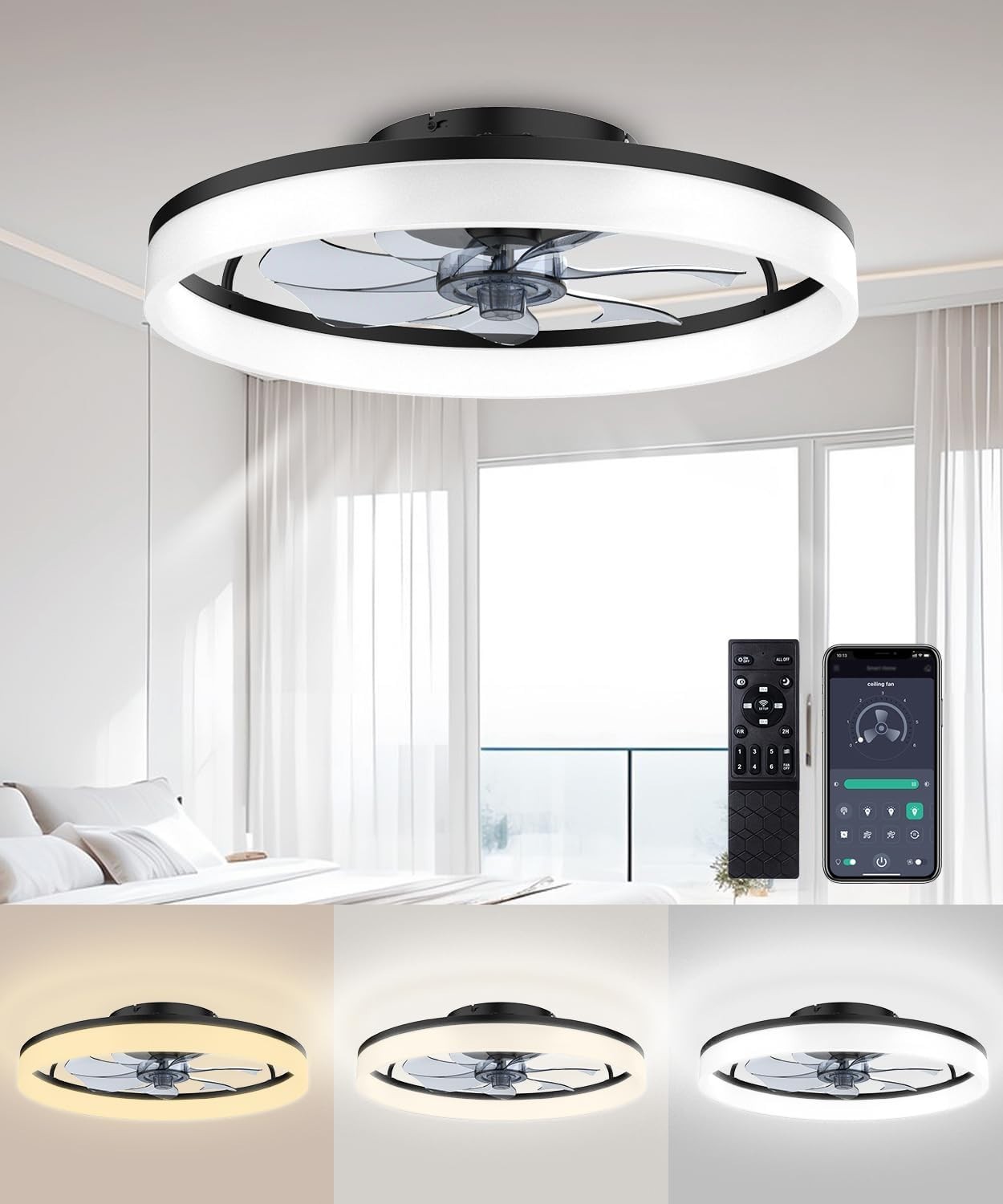 20" Modern LED Ceiling Fan Lights Flush Mount Light kit With APP Remote Control