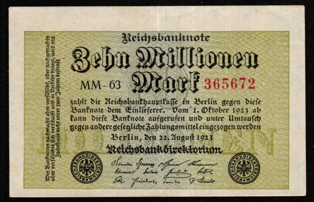 1923 GERMANY 10 MILLION MARK BANKNOTE HYPERINFLATION - BERLIN - UNDERPRINT -VF+