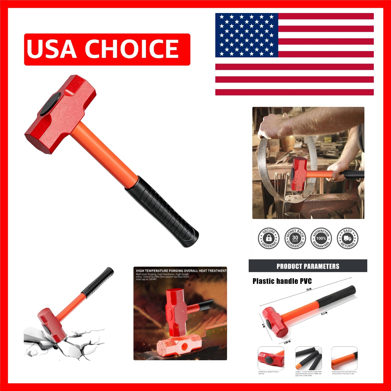 2 lb Sledge Hammer - Slug Drilling Crack Hammer - Sledgehammer with Forged St...