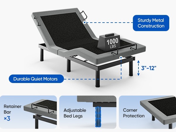 Upgraded Power Base Adjustable Bed Frame Wireless Remote Dual Motor Twin XL