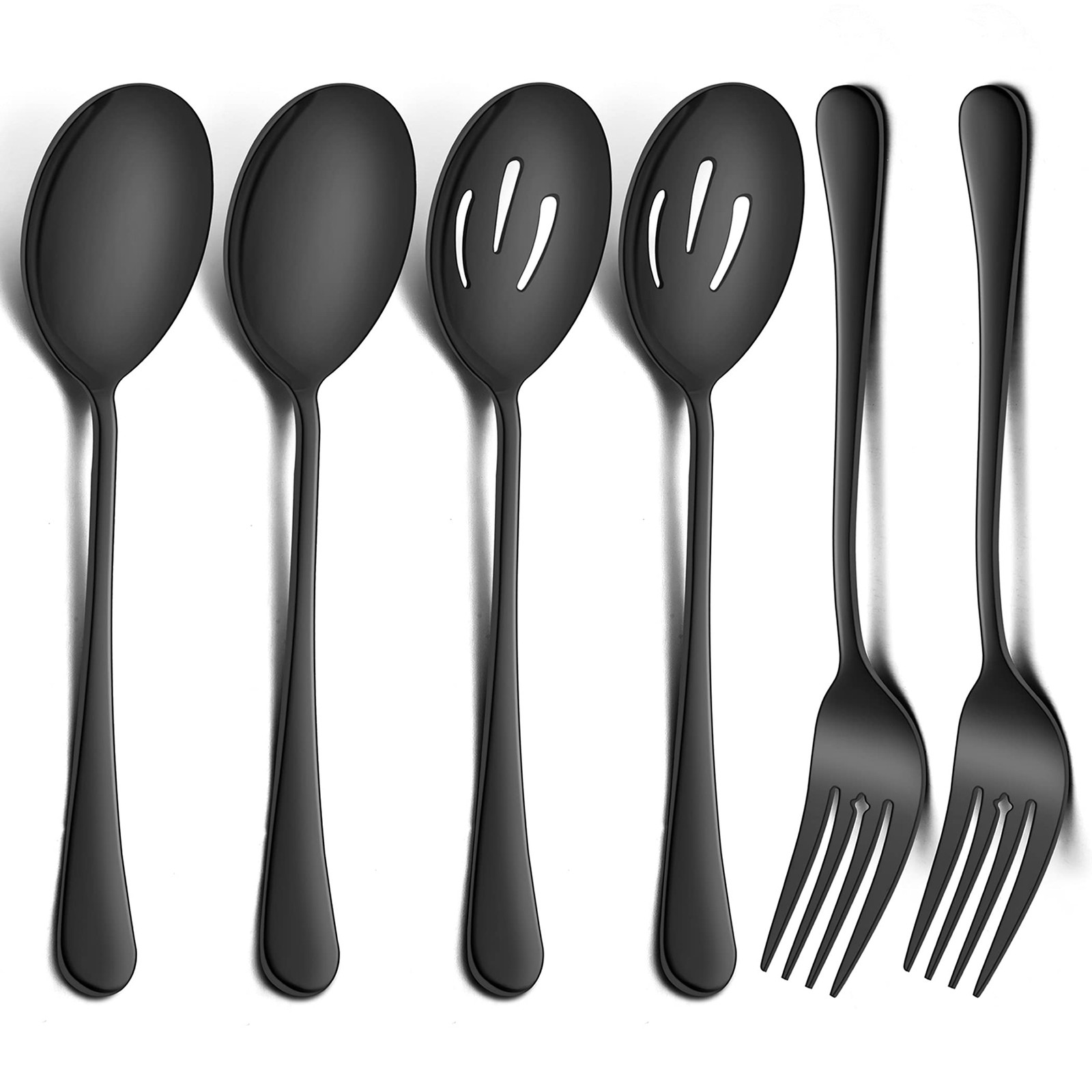 LIANYU 6-Piece Large Black Serving Spoons and Forks Set, 9.8 Inch Stainless S...