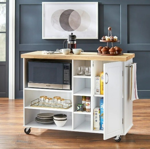 Rolling Microwave Storage Cart Utility Cabinet Coffee Station Kitchen White Wood