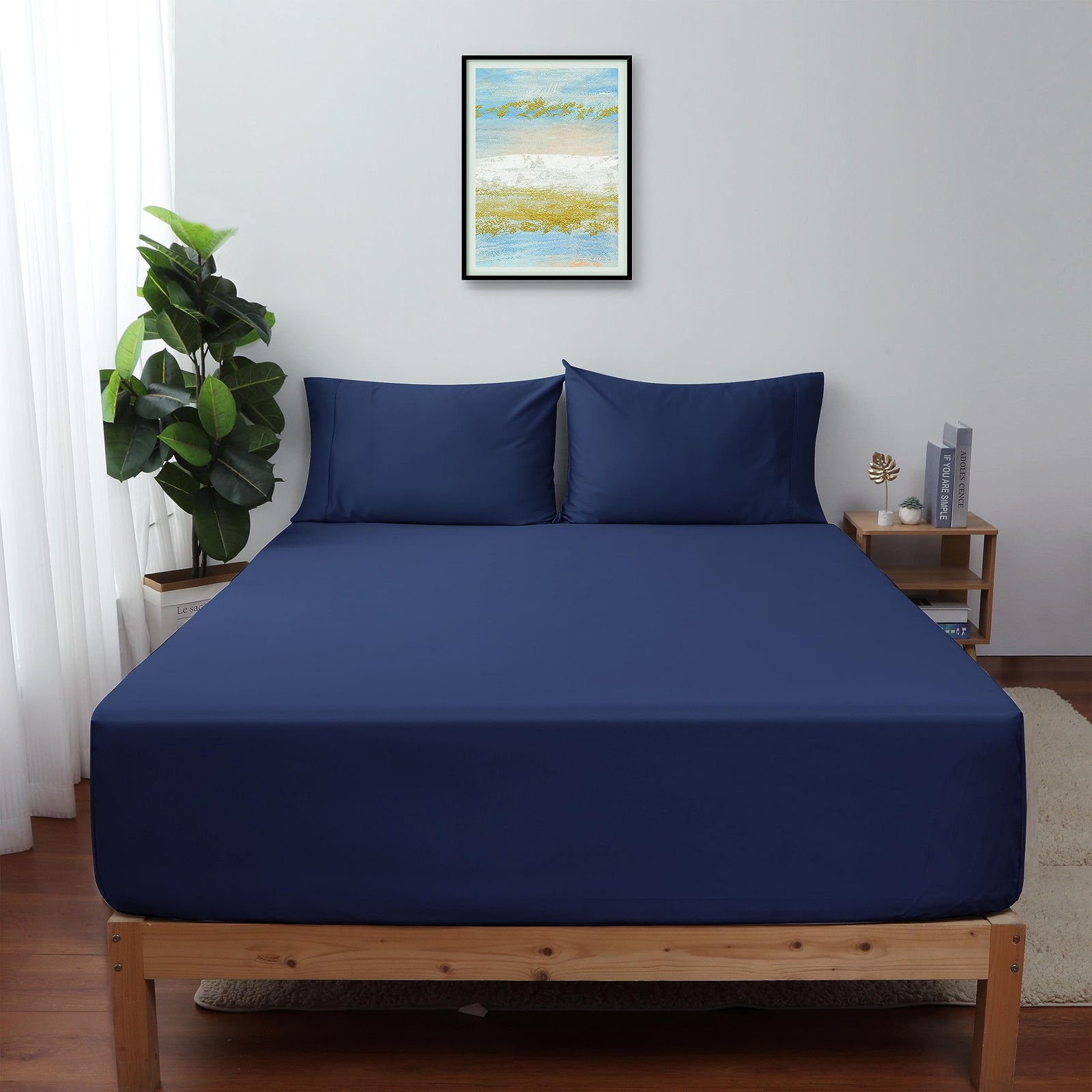 Queen Size Fitted Sheet Only Navy Blue, 100% Egyptian Cotton 600 Thread Count, 1