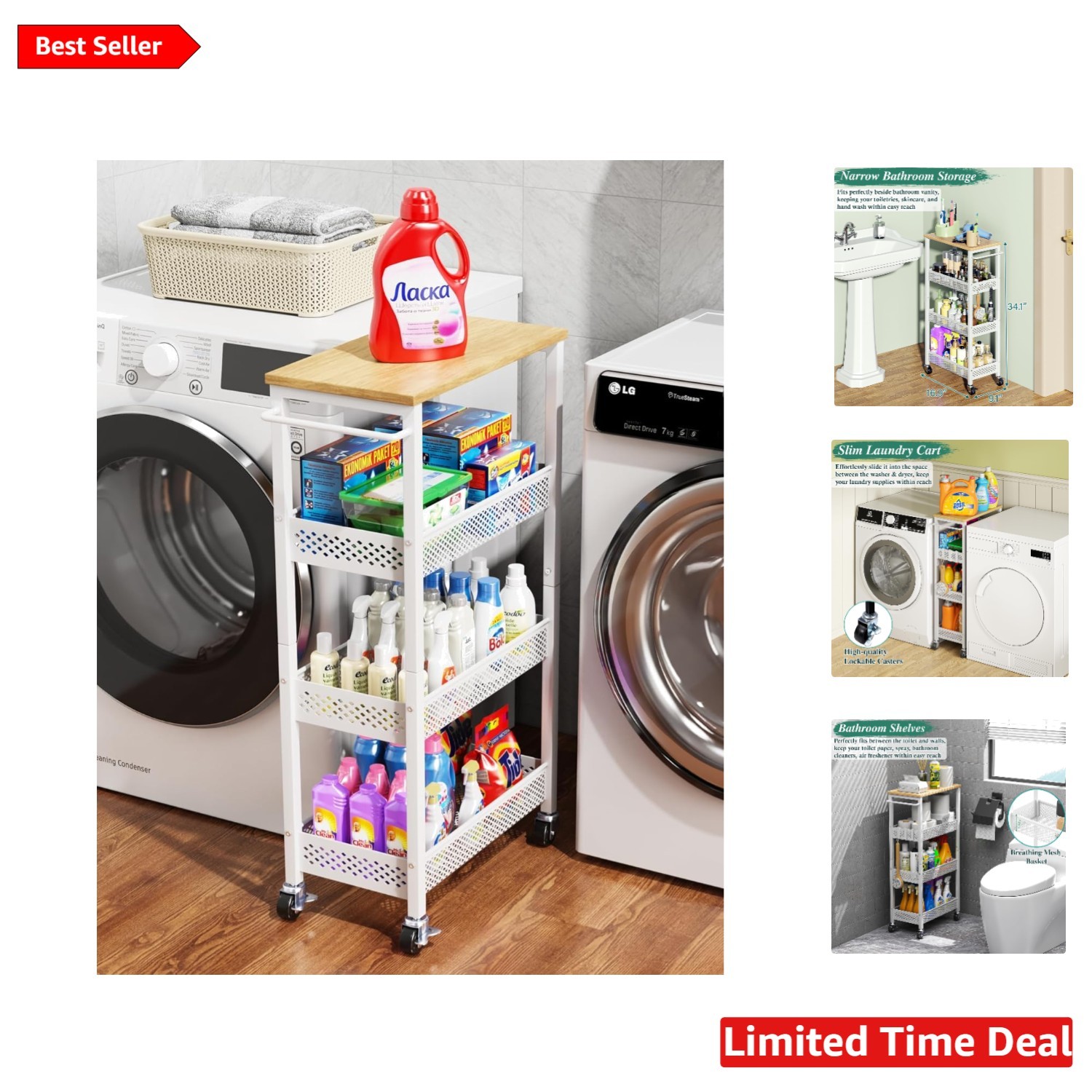 Versatile Slim Rolling Cart - 4-Tier Organizer for Small Spaces with Wood Detail