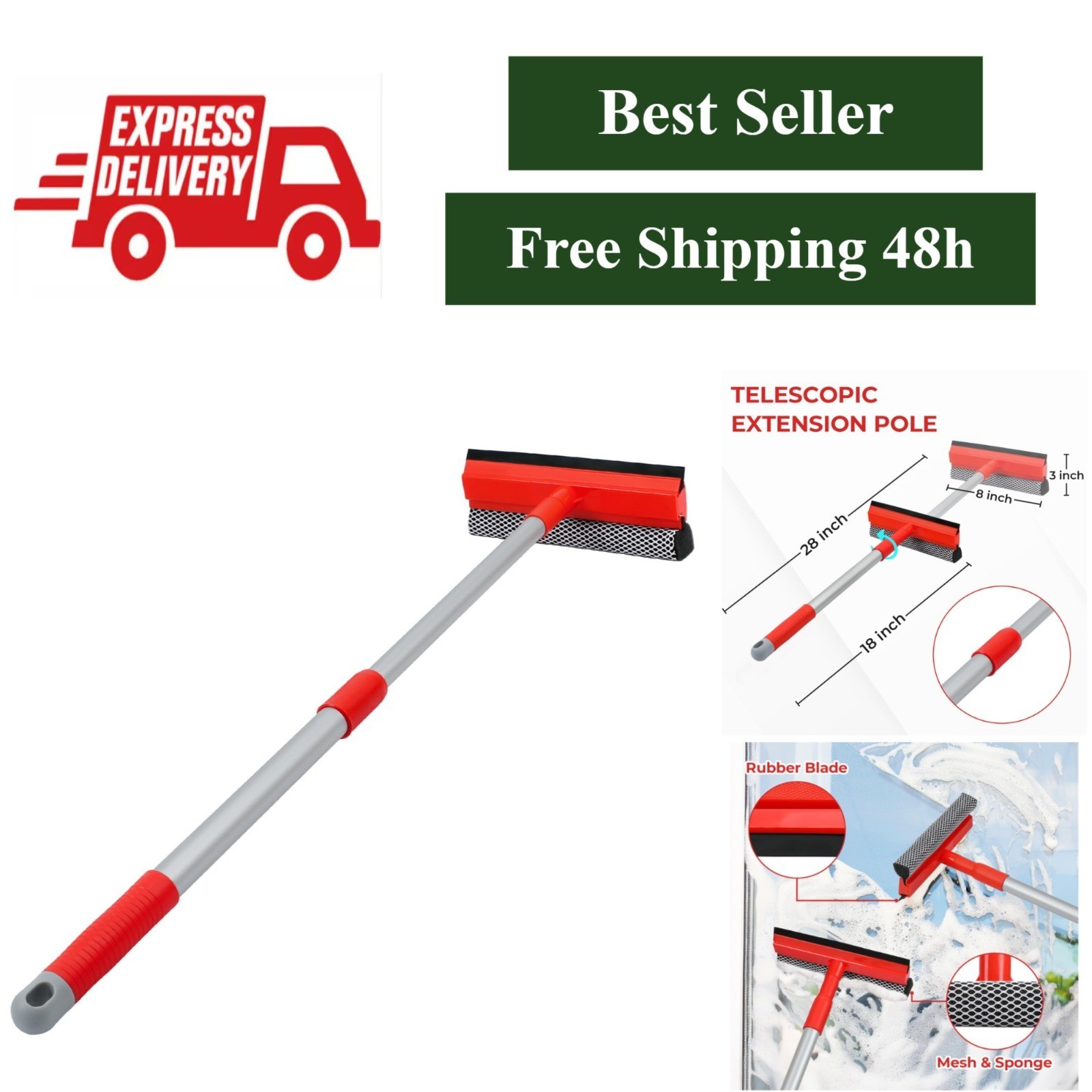 MAVRIZ 2 in 1 Window Squeegee with Extendable Handle for Glass Cleaning