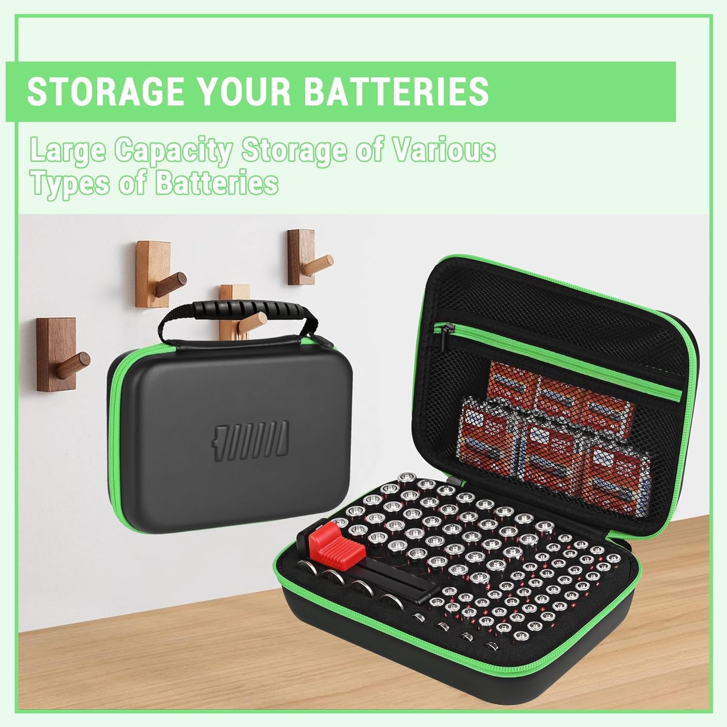 Battery Organizer Storage Case with Tester for AA AAA Button black-green