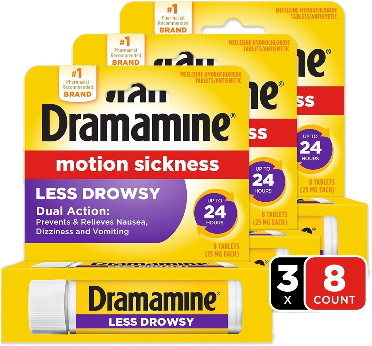Dramamine Motion Sicknesss Relief, Less Drowsy, 24 Tabs, Exp. 04/2026