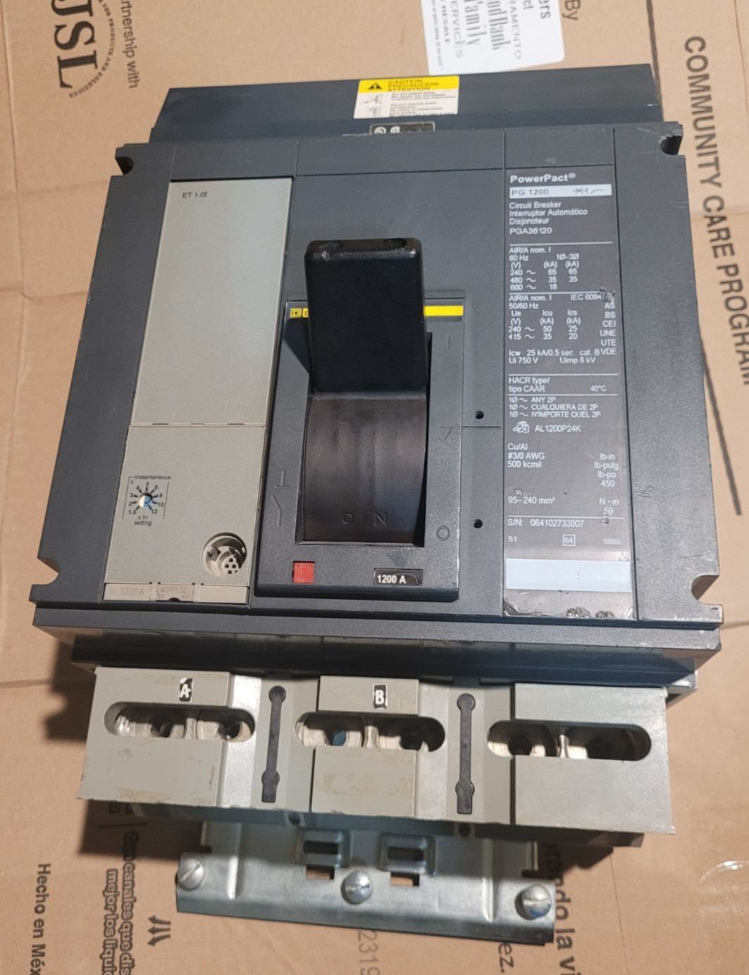 Square D PGA36120 3 Pole 1200 Amp 600VAC Frame PG 1200 PowerPact Circuit Breaker