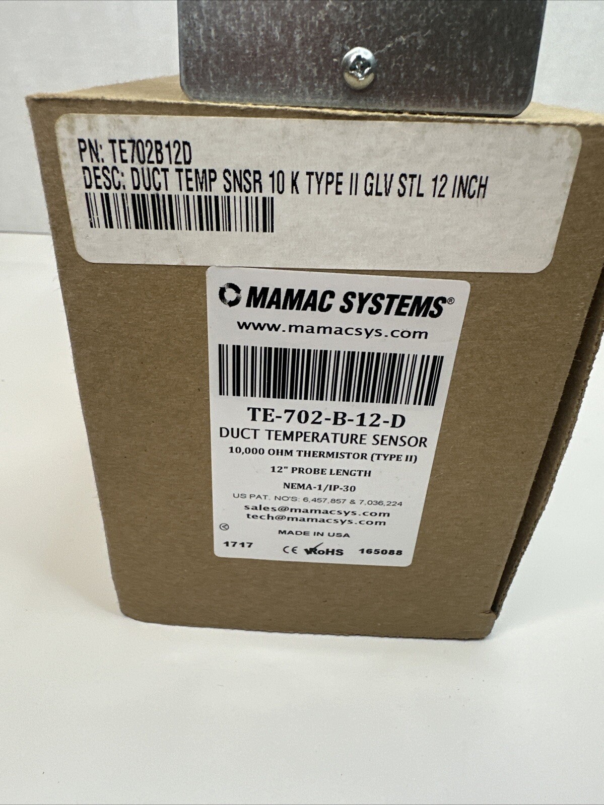 MAMAC SYSTEMS TE-702-B-12-D DUCT TEMPERATURE SENSOR 12" PROBE LENGTH