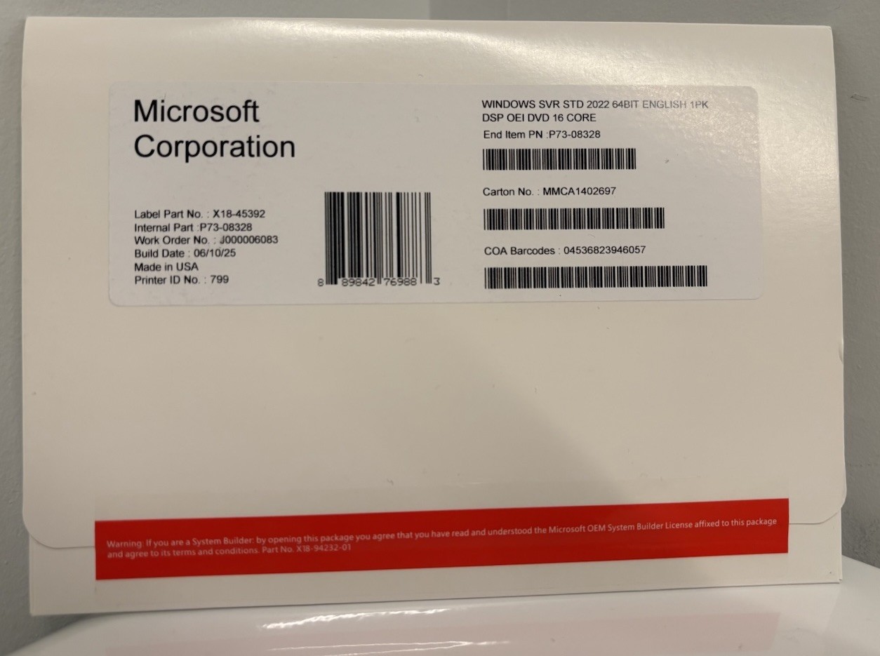 Microsoft Windows Server 2022 Standard 16 Core OEM DVD English P73-08328