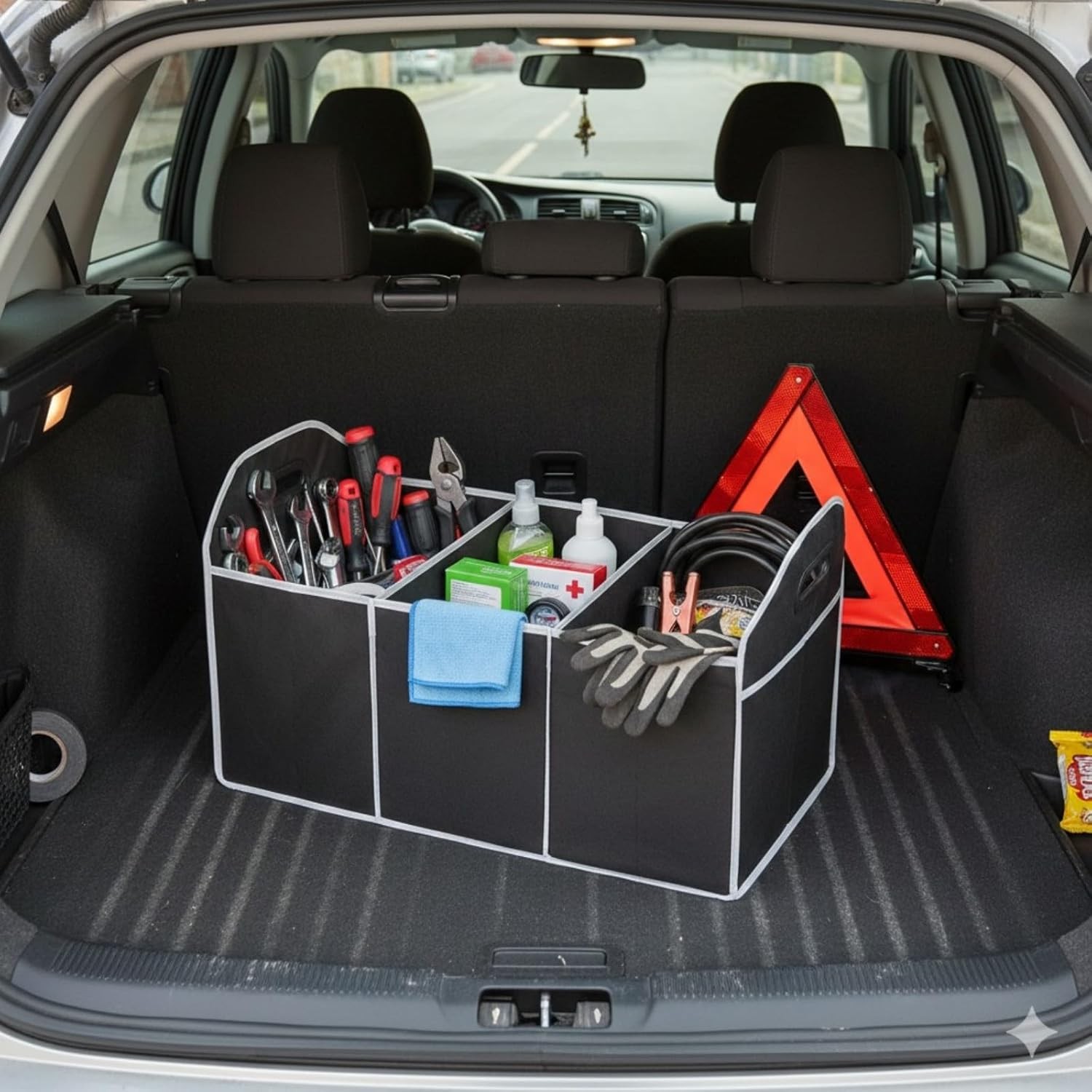 Car Trunk Organizer, Large Storage Bag with 3 Compartments, Portable Collapsible