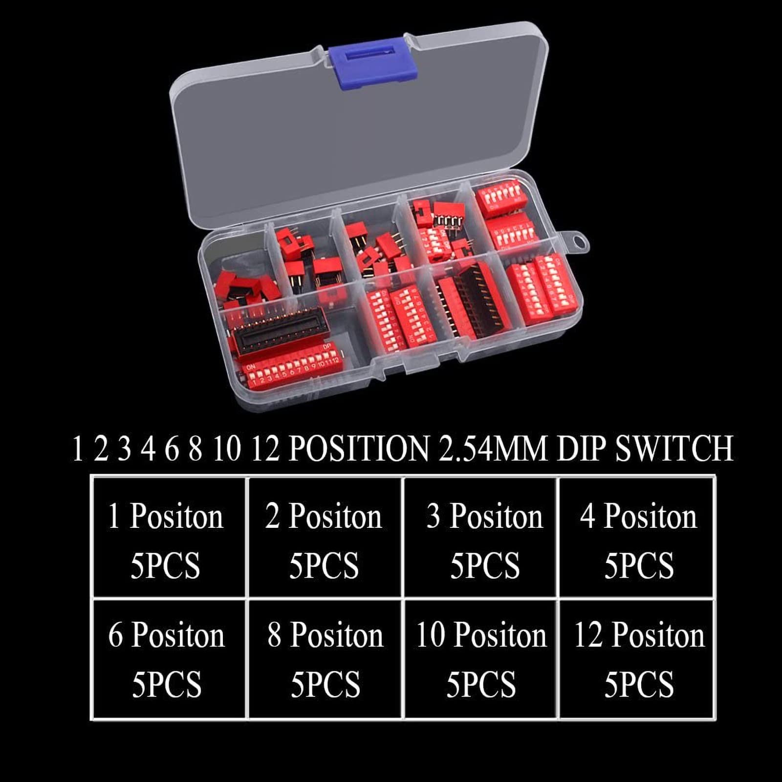 40PCS Double Row Dip Switch Assorted Kit 1 2 3 4 6 8 10 12 Position Red