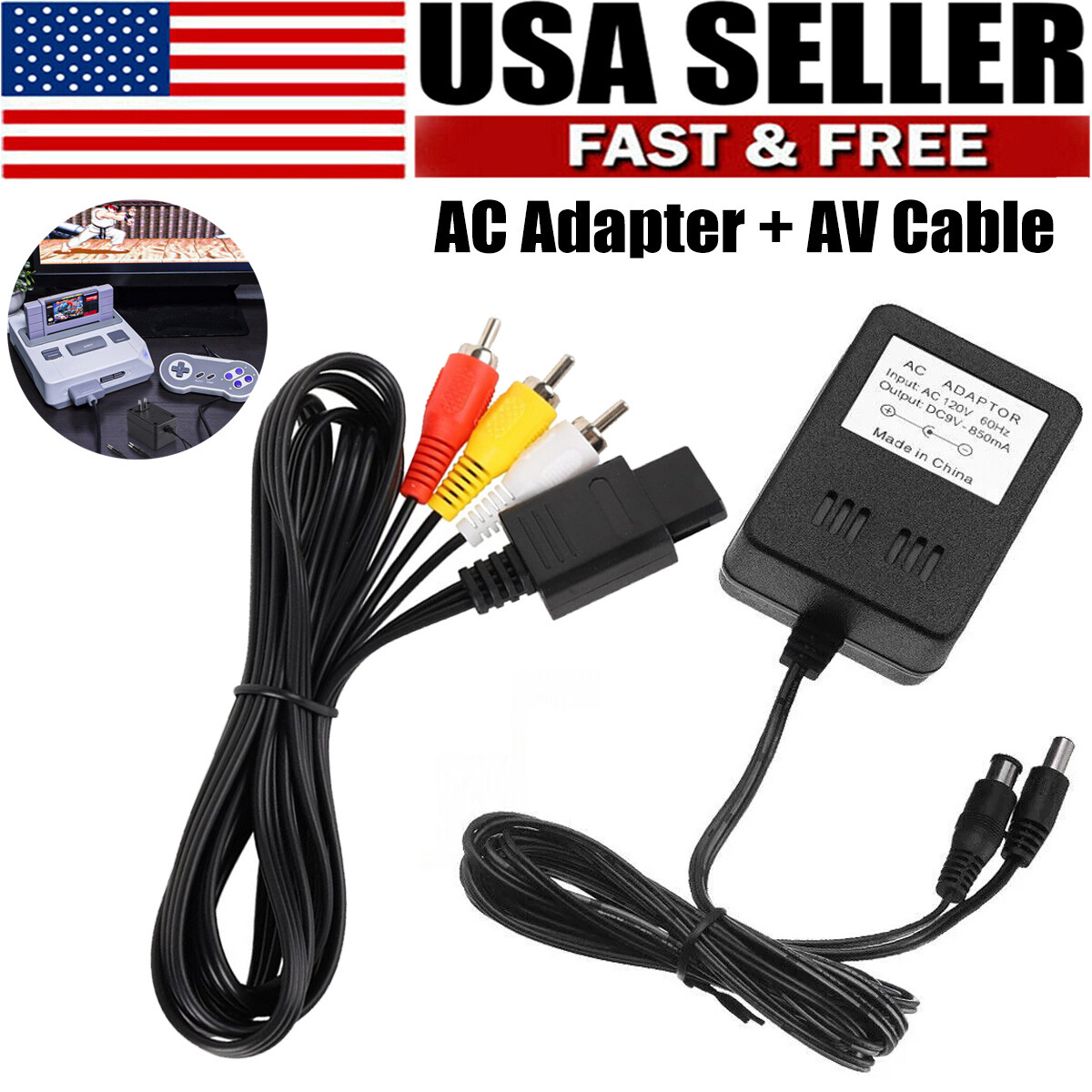 For Super Nintendo SNES Game AV RCA Audio+AC Cable Power Supply Adapter Cord Set