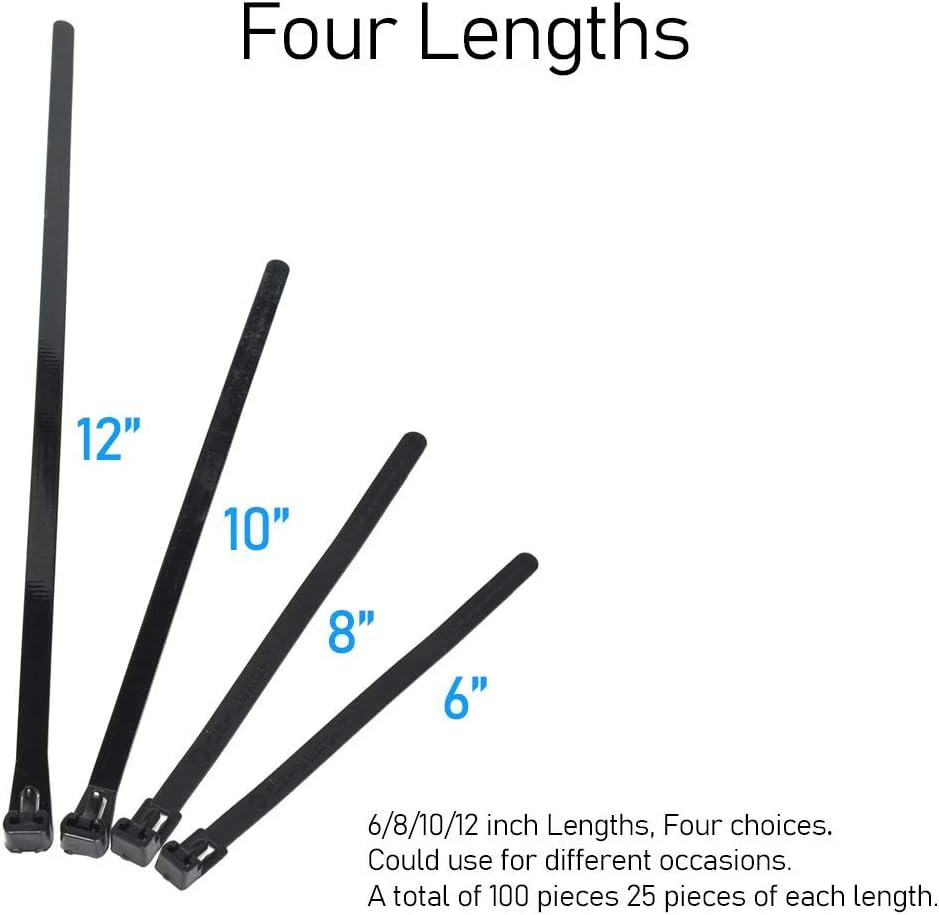 Reusable Zip Ties, 100 Pcs Assorted Fastening Cable Zip Ties 6" 8" 10" 12" Four