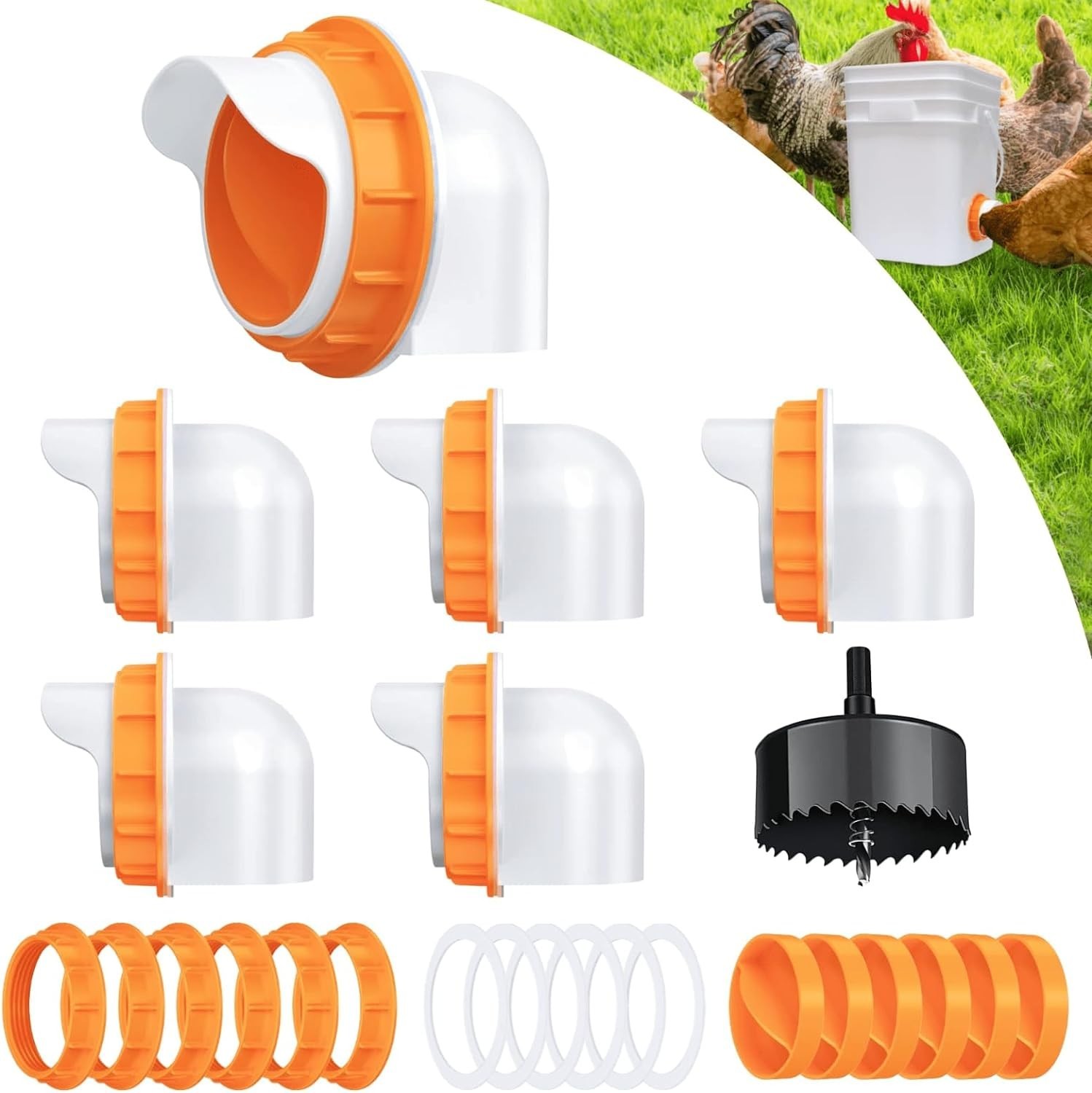 Efficient No Waste Chicken Feeder | 6 Pack with Waterproof Covers & Accessories