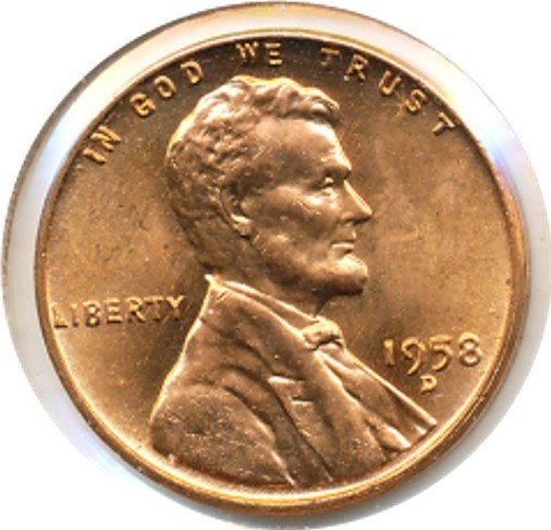 US Coin  1958 D    Lincoln cent  BU clear fields ............C-30011