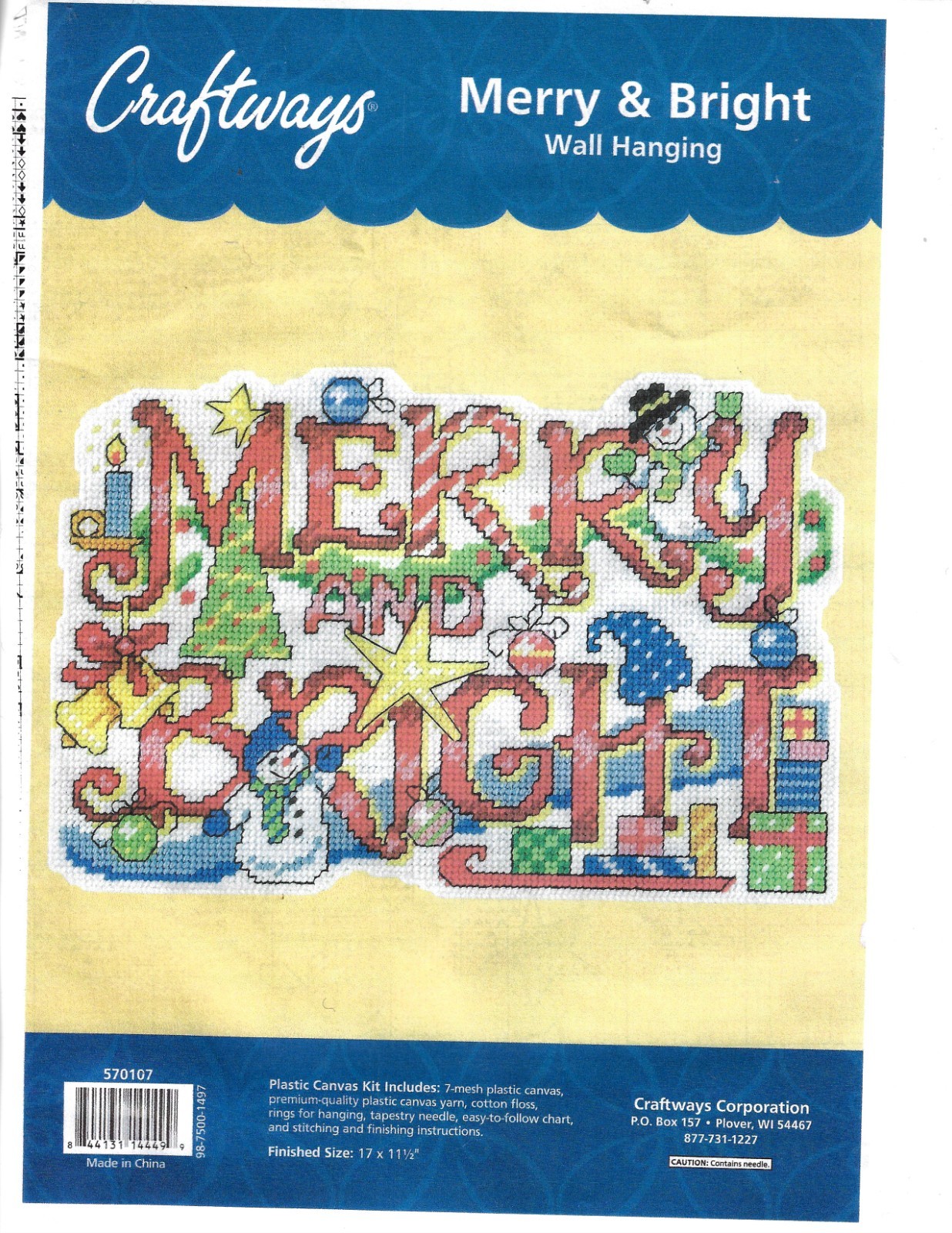 MERRY and BRIGHT (SIGN)  WALL HANGING 7ct  plastic canvas PATTERN  (#TF0374)