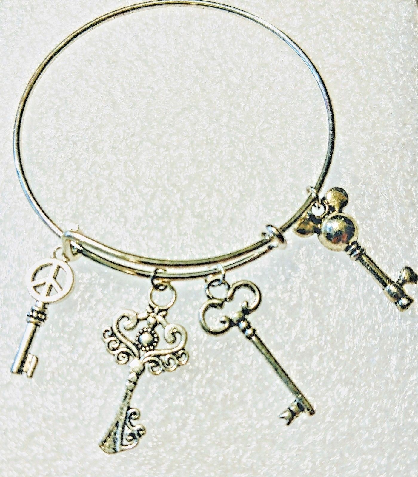 Bangle Charm Bracelet Keys Skeleton Key Mickey Mouse Peace Sign Jewelry