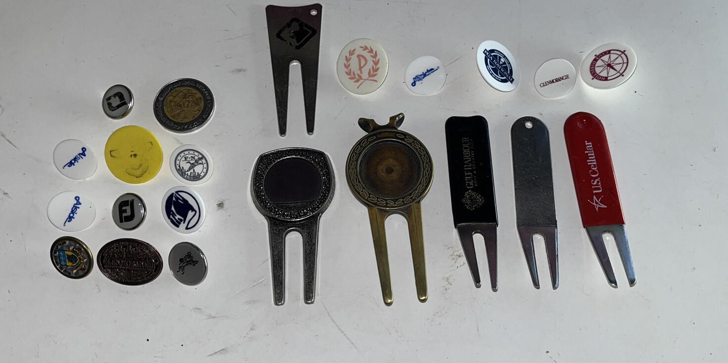 Junk Drawer Lot Of 21 Golf Ball Markers & Pivot Tools See Pictures!