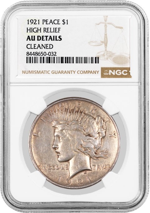 1921 High Relief $1 Silver Peace Dollar NGC AU Details Cleaned Key Date Coin #32